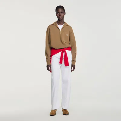 Sandro Half Zip Wool And Cashmere Sweater In Brown