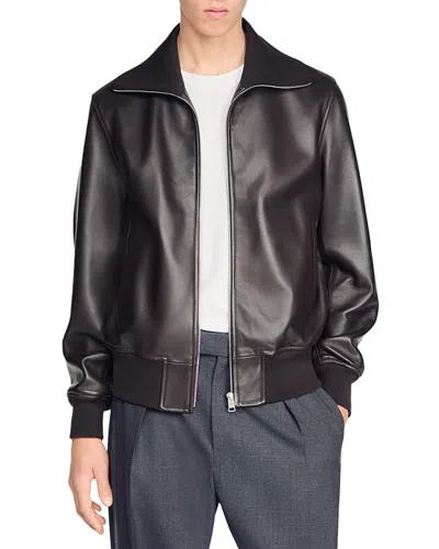 Sandro Harry Full Grain Leather Jacket In Brown