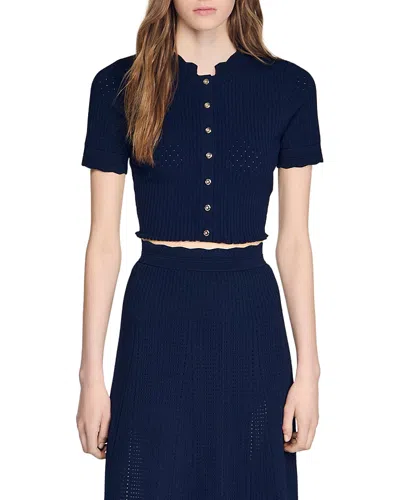Sandro Heddy Cropped Pointelle Knit Top In Blue