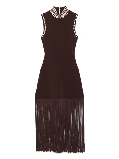 Sandro Womens Brown Fringed-hem Round-neck Sleeveless Stretch-knit Maxi Dress