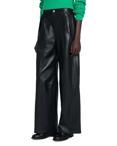 Sandro High Rise Leather Pants In Black