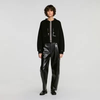 Sandro Hooded Cardigan With Leather Trim In Black
