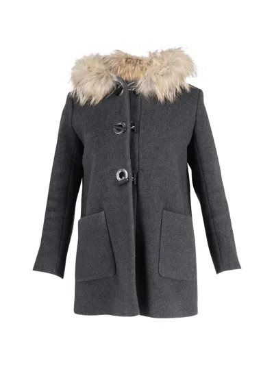 Pre-owned Sandro Hooded Fur-trimmed Coat In Gray