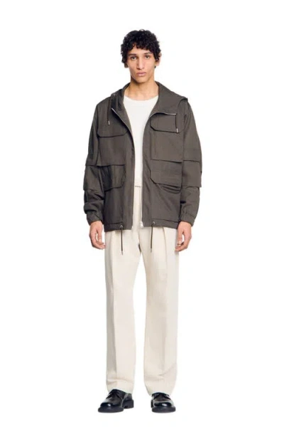 Sandro Hooded Military Parka In Dark Kaki.