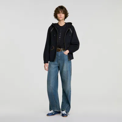 Sandro Hooded Wool And Leather Coat In Navy Blue
