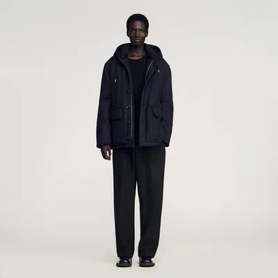 Sandro Hooded Wool Parka In Blue