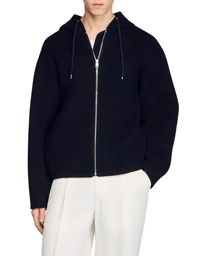 Sandro Hooded Zipper Wool Jacket In Black