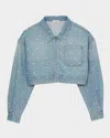 Sandro Womens Rhinestone-embellished Puff-sleeve Denim Jacket Bleus In Blue Jean