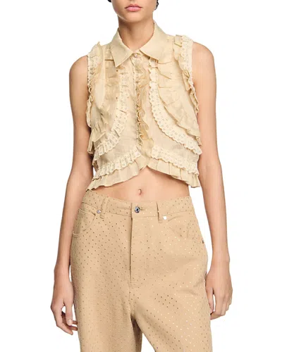 Sandro Hortensia Ruffled Crop Shirt In Sand