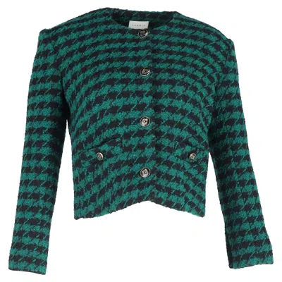 Sandro Houndstooth Print Cropped Blazer In Green Tweed Wool