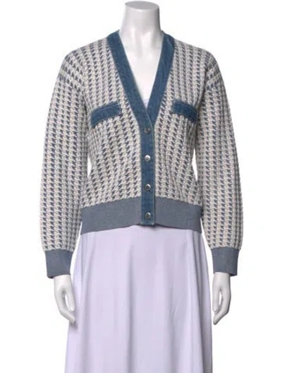 Pre-owned Sandro Houndstooth Print V-neck Sweater In Blue/neutrals
