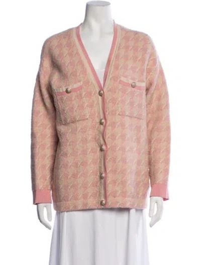 Pre-owned Sandro Houndstooth Print V-neck Sweater In Pink