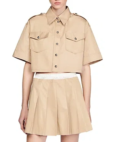 Sandro Cropped Hemd Aus Twill Aus Einer Baumwollmischung In Beige