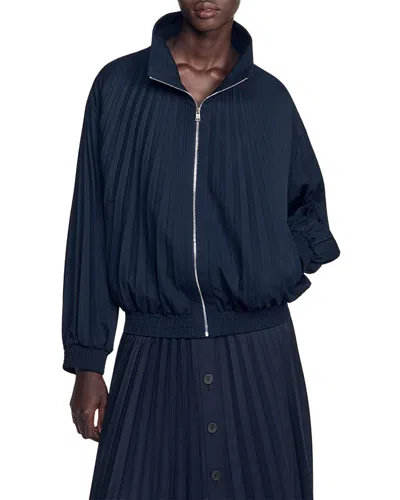 Sandro Indigo Oversized Pleated Jacket In Blue