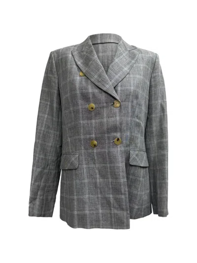 Pre-owned Sandro Iveline Check-print Double-breasted Blazer In Gray