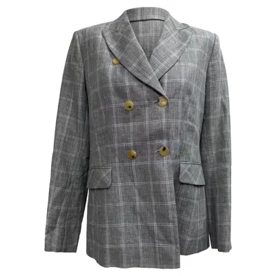Sandro Iveline Check-print Double-breasted Blazer In Grey Linen In Gray