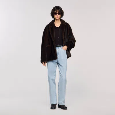 Sandro Jacket-style Faux Fur Coat In Brown