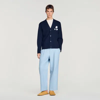 Sandro Jacquard Flower Knit Cardigan In Midnight Blue