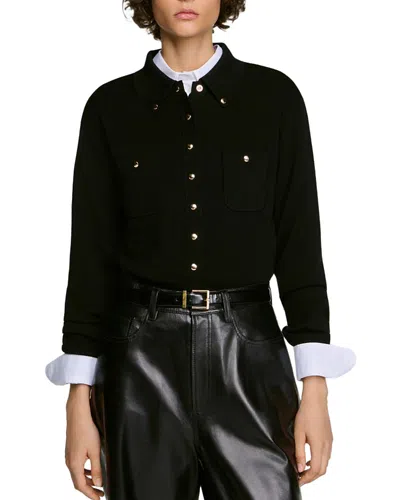 Sandro Jessica Wool Blend Shirt Collar Cardigan In Black