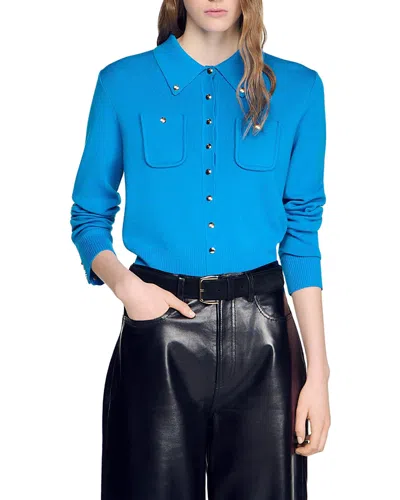 Sandro Jessica Wool Blend Shirt Collar Cardigan In Blue