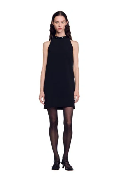 Sandro Jewel Neck Dress In Black