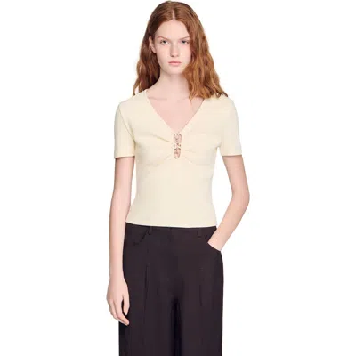 Sandro Jewelled Cropped Cotton T-shirt In Neutral