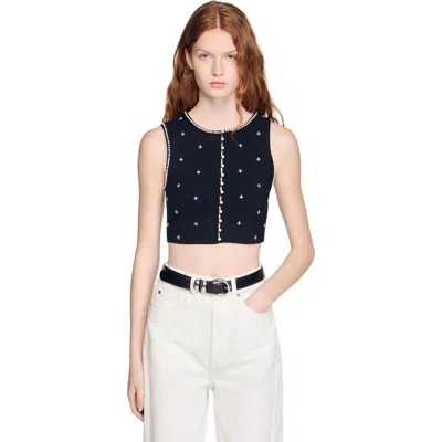 Sandro Jewelled Embroidered Knit Crop Top In Black