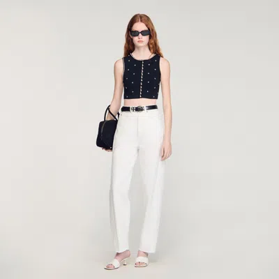 Sandro Womens Black Rhinestone-embellished Cropped Knitted Top