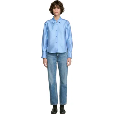 Sandro Suzanne Embellished Trim Satin Shirt In Blue