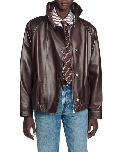 Sandro Joghen Stand Collar Leather Jacket In Brown
