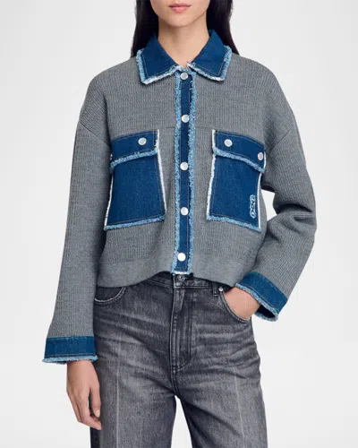 SANDRO JOHN DENIM KNIT CARDIGAN