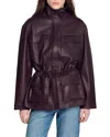 Sandro John Oversized Leather Jacket In Brown