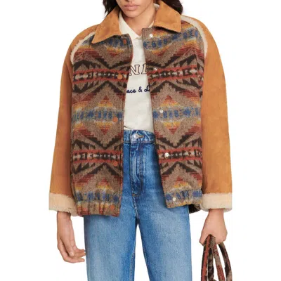 Sandro Johnson Genuine Shearling Trim Wool Blend Jacket In Multi