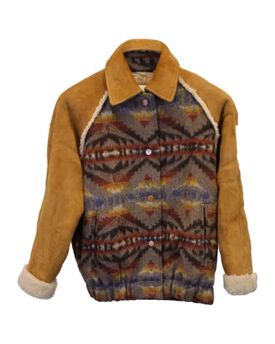 Sandro Johnson Jacquard Coat In Multicolor Wool & Sheepskin In Brown