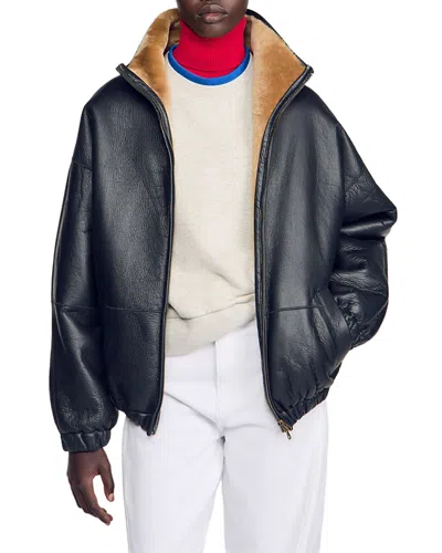 Sandro Jordan Oversized Shearling Jacket In Black