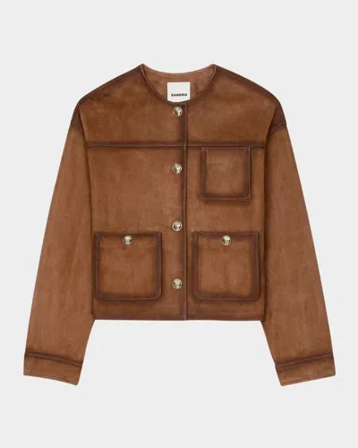 Sandro Josh Lambskin Leather Jacket In Camel
