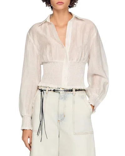 Sandro Judia Smocked Linen Blend Shirt In White