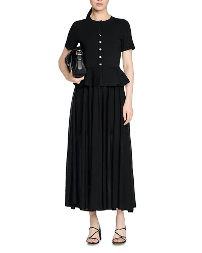 Sandro Womens Black Peplum Short-sleeved Knitted Maxi Dress