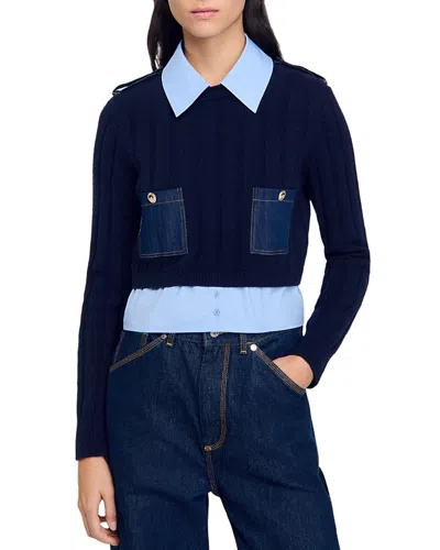 Sandro Jules Layered Look Sweater In Navy Blue