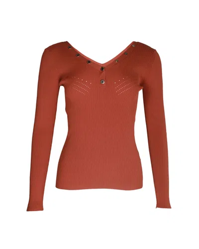 Sandro Justy Ribbed Long Sleeve V-neck Sweater In Red Viscose In Brown