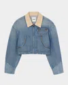 Sandro Womens Contrast-collar Stud-embellished Cropped Denim Jacket Bleus In Blue Jean