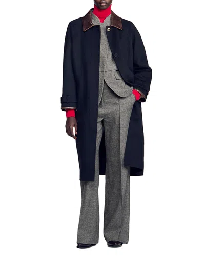Sandro Kennedy Wool Leather Trim Coat In Blue