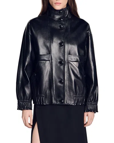 Sandro Kim Oversized Leather Jacket In Black