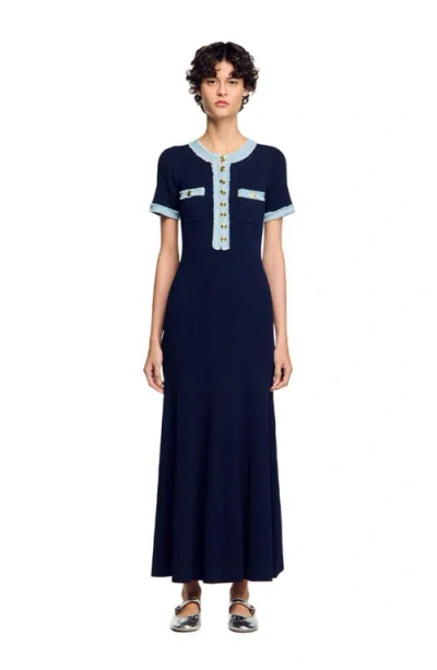 Sandro Knit And Denim Midi Dress In Bleus