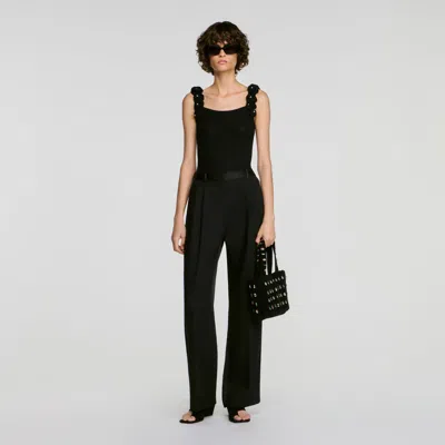 Sandro Knit Bodysuit With Beaded Flowers In Black