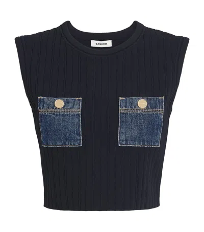 Sandro Knit Cropped Top In Blue
