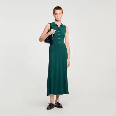 Sandro Womens Polo-collar Button-down Stretch-knit Midi Dress Dark Green