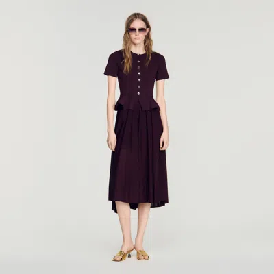 Sandro Knit Maxi Dress With Peplum In Bordeaux