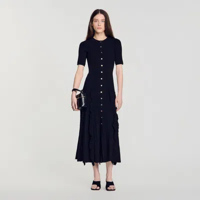 Sandro Womens Black Ruffled-trim Ribbed-knit Stretch-woven Maxi Dress