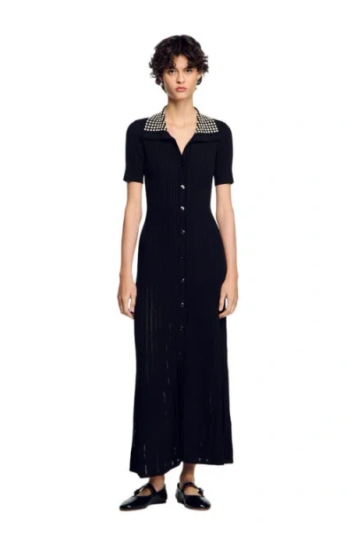 Sandro Knit Maxi Dress With Studs In Black